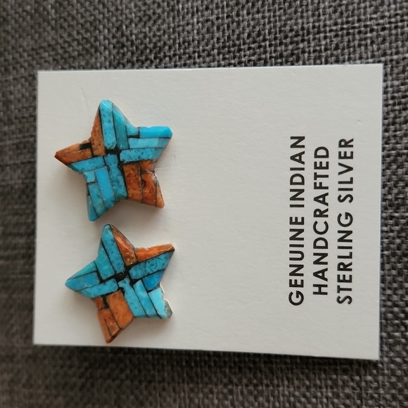 Gorgeous NWT Santo Domingo Inlay Turquoise & Coral Earrings - Picture 10 of 11